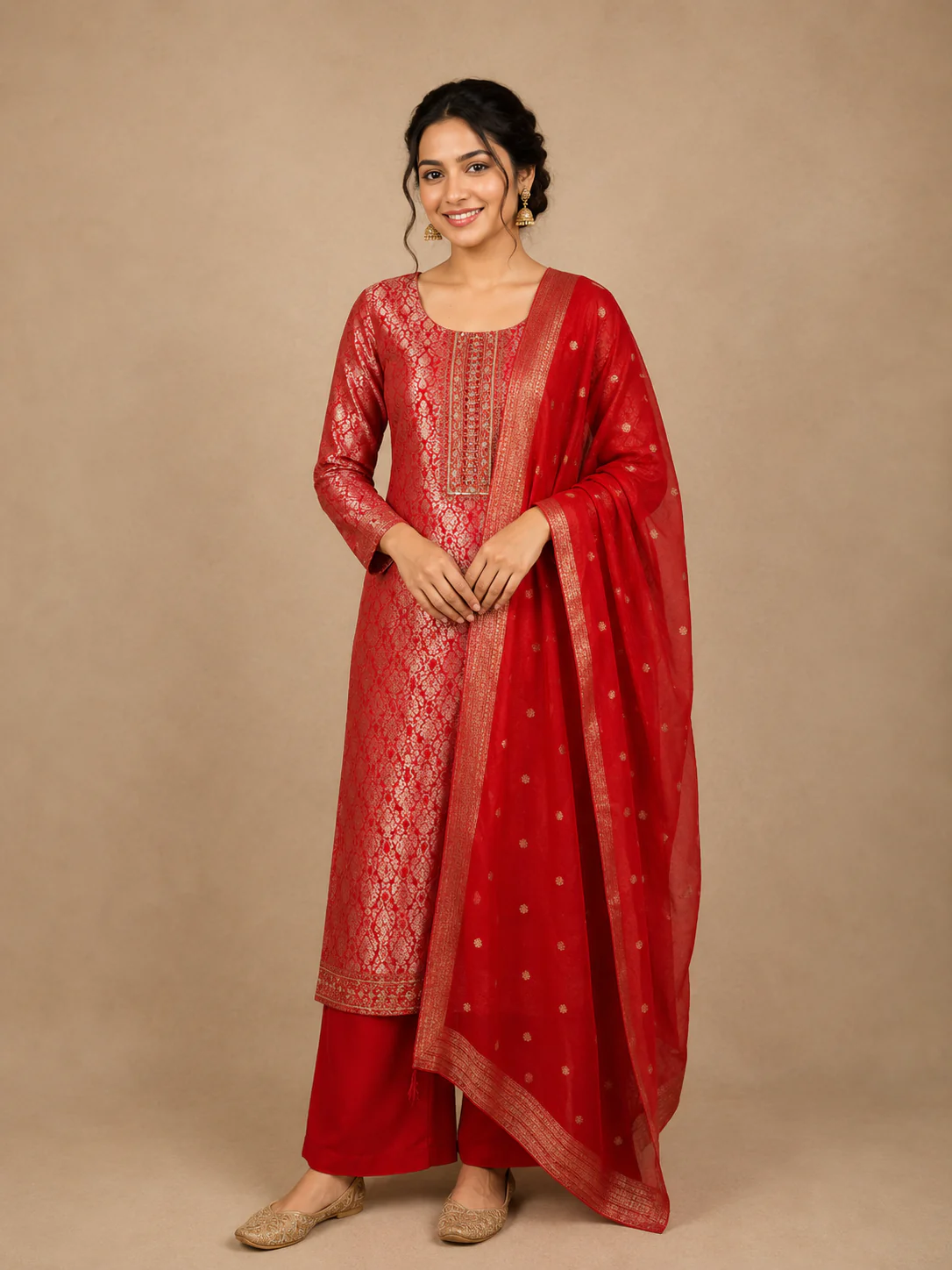Rich Red Floral Woven Design Banarasi silk Salwar Suit